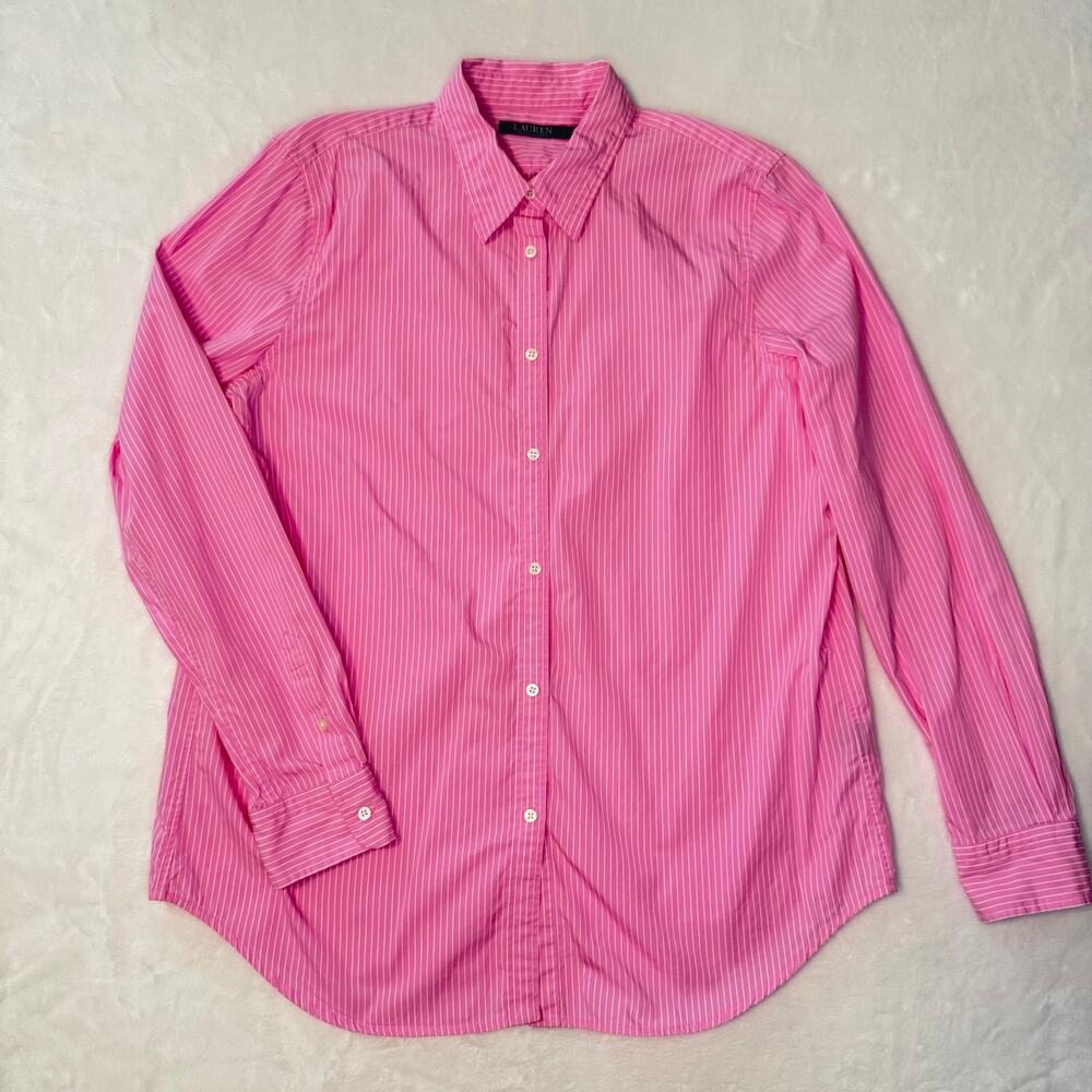 Lauren Ralph Lauren 100% Cotton Pink White Stripes Button Down Shirt Women's 14